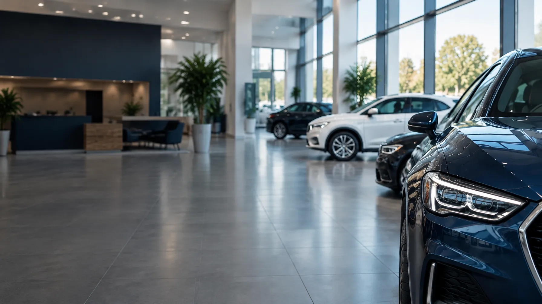 Modern independent car dealership showroom with cars on display