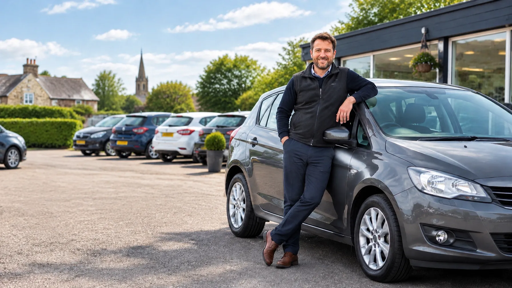 Fictional Example Motor Company dealer welcoming motorists beside a car